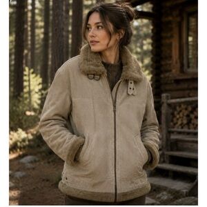 Canda Tan Suede B-3 Aviator Jacket Shearling Lining Size Large